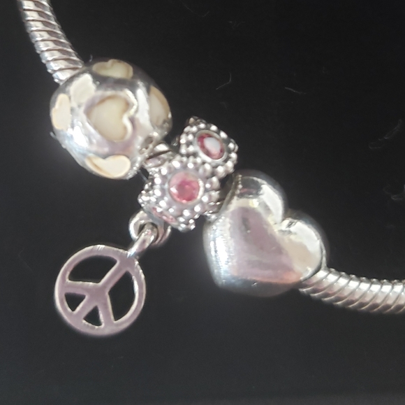 Pandora Silver Bracelet  Three Charms Pink Diamond Piece Sign Pearl Hearts Heart - Picture 4 of 6